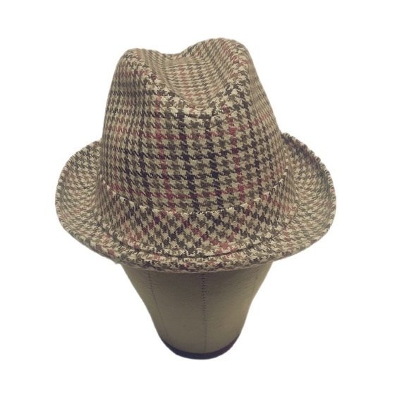 lee royal Accessories - Vintage brown and red gingham stripe structure Tweed casual unisex fedora hat OS